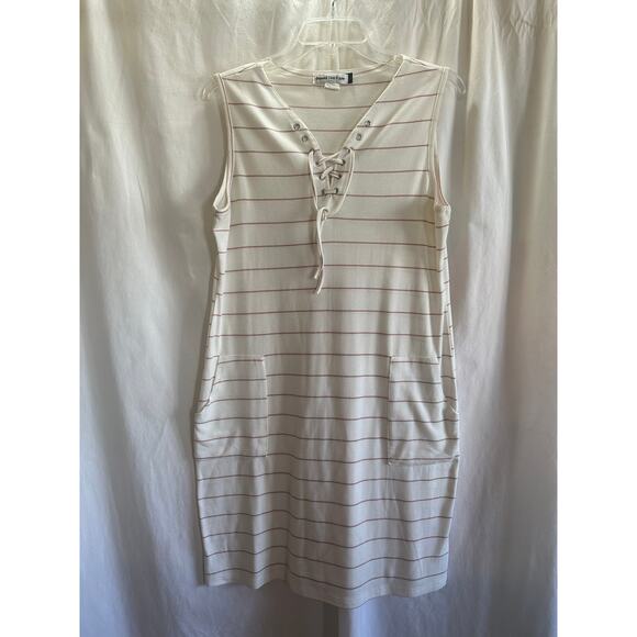 Beyond This Plane Dresses & Skirts - Beyond This Plane Dress - Large - Ivory Pink Stripe Lace Up Pocket Dress